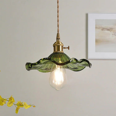 Hibiscus Flower Scalloped Glass Pendant Light – Vintage Kitchen Pendant Lighting with Adjustable Suspension, Warm Light 0